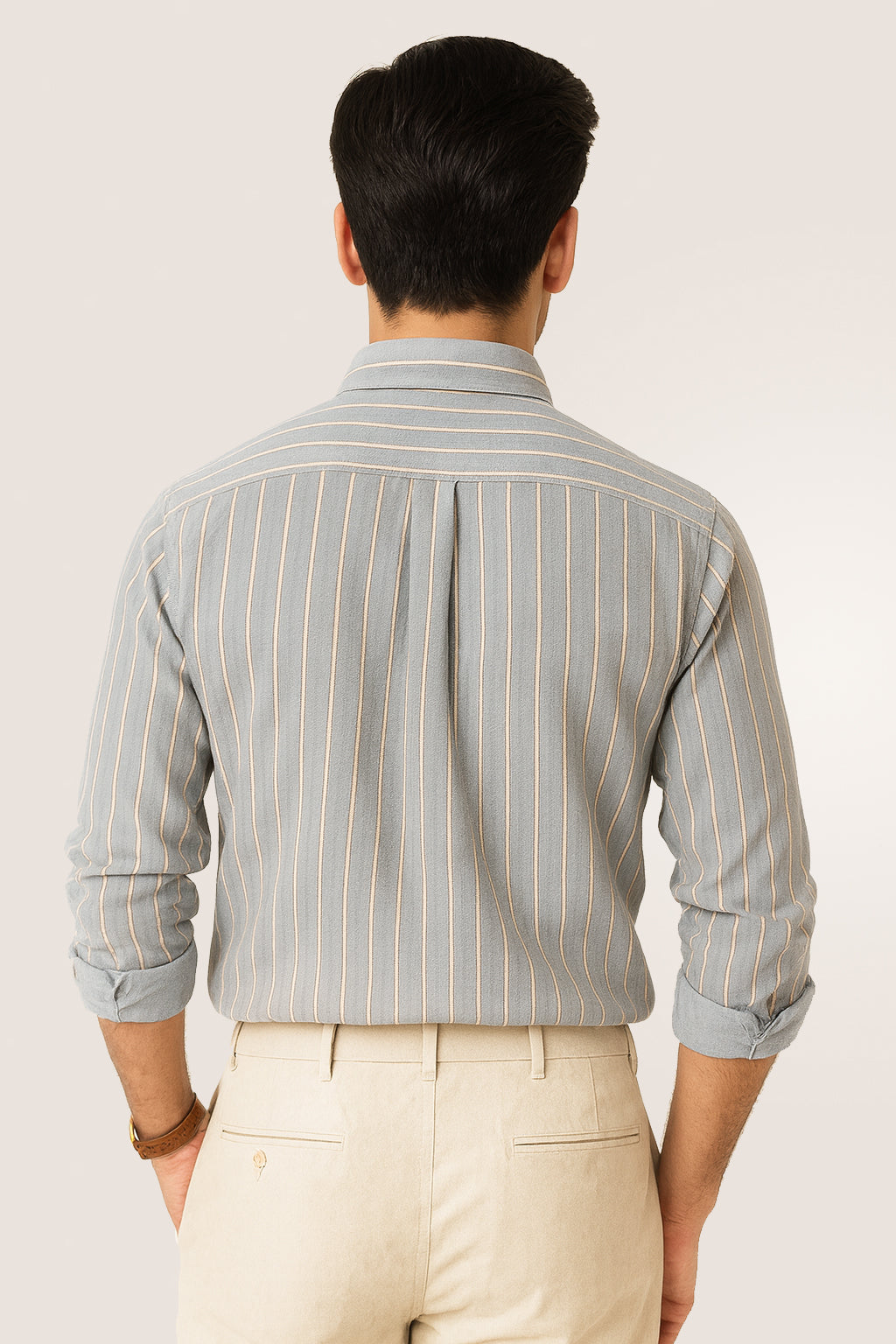 Light Grey With Cream and Navy Blue Strips Cotton Shirt