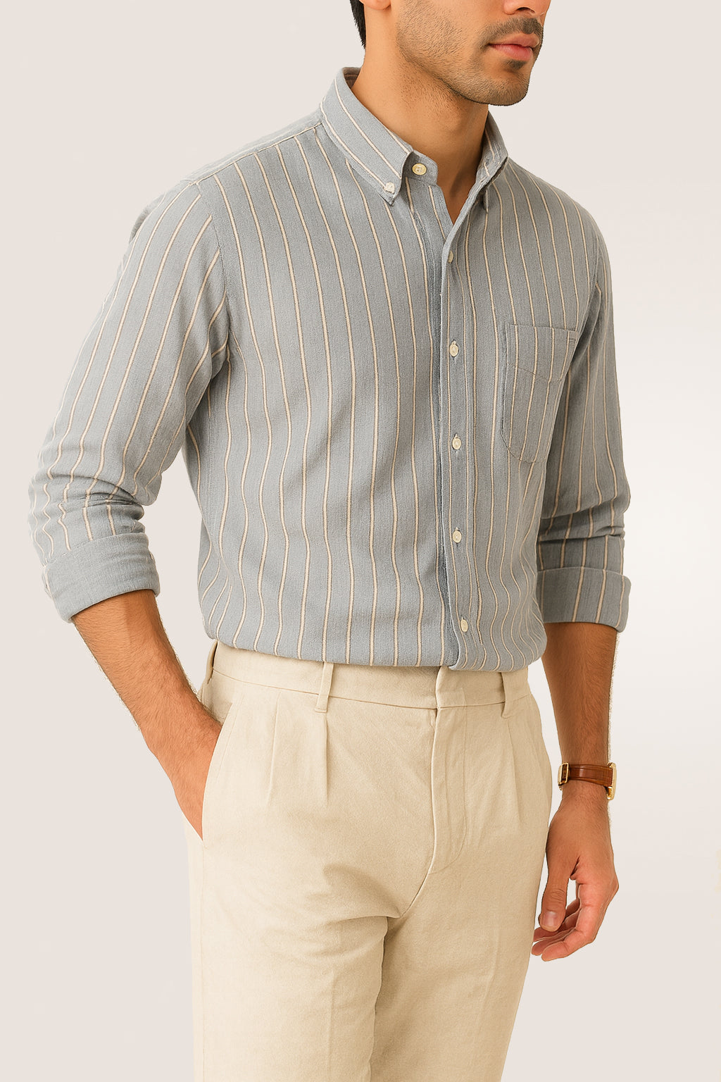Light Grey With Cream and Navy Blue Strips Cotton Shirt