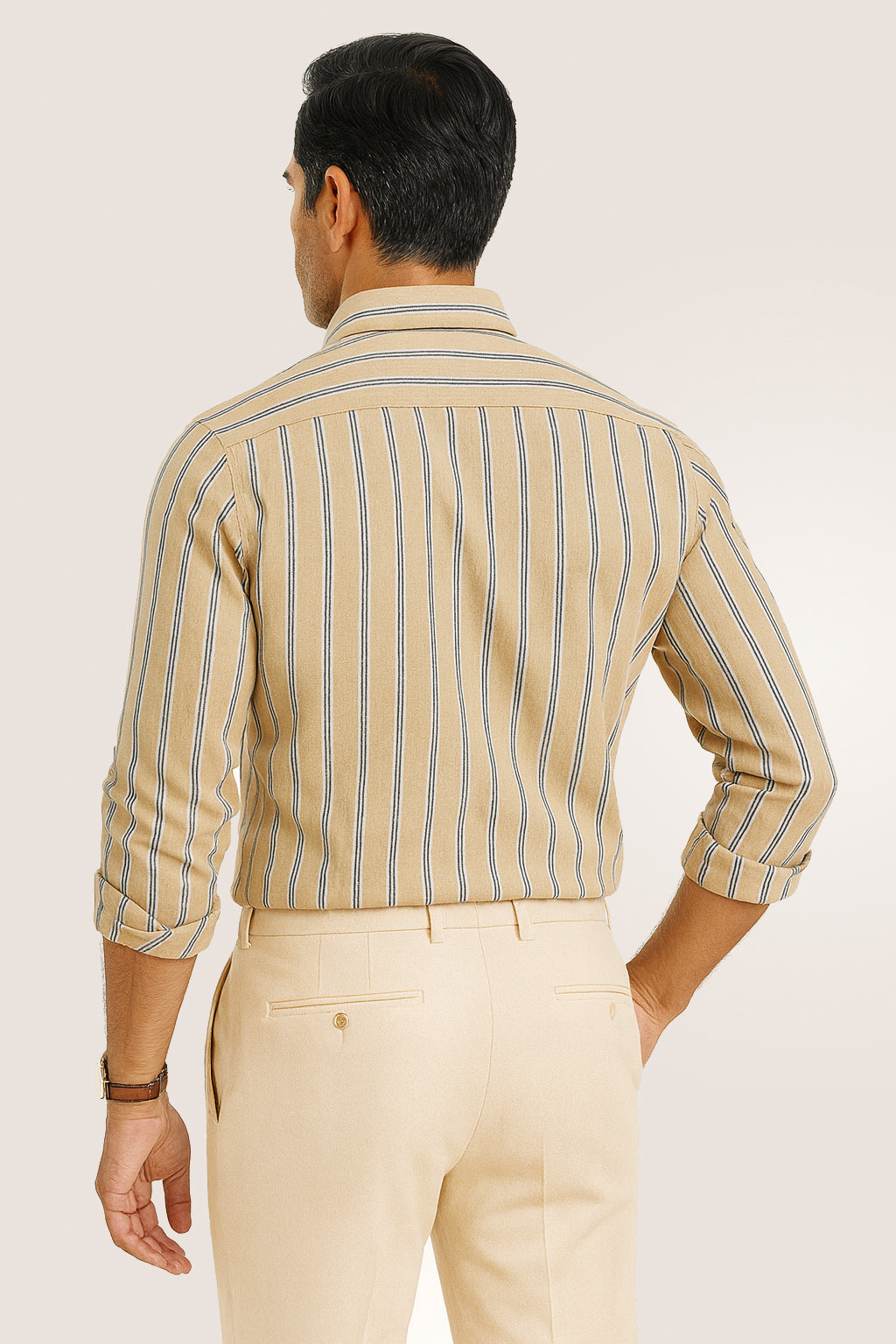 Warm Beige With Navy and White Strips Cotton Shirt