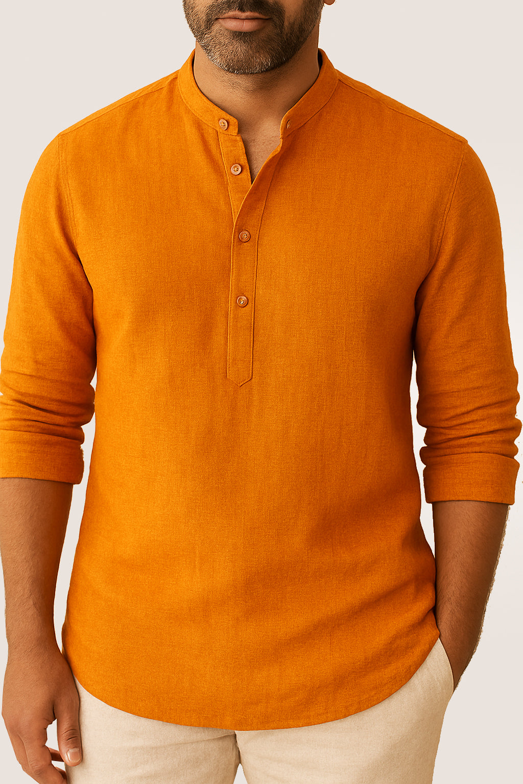Orange Ban Collar Linen Shirt