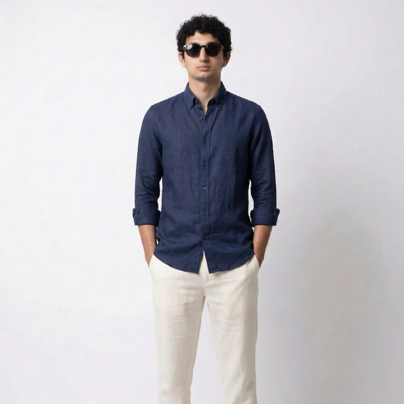 Dark Blue Single Button Down Linen Shirt