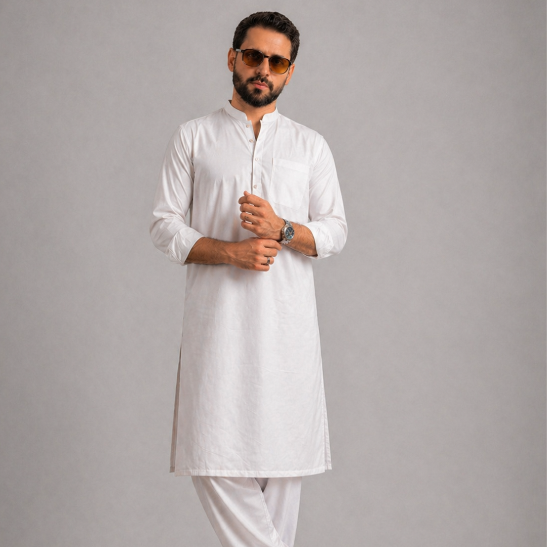 White Banded Collar Kameez Shalwar