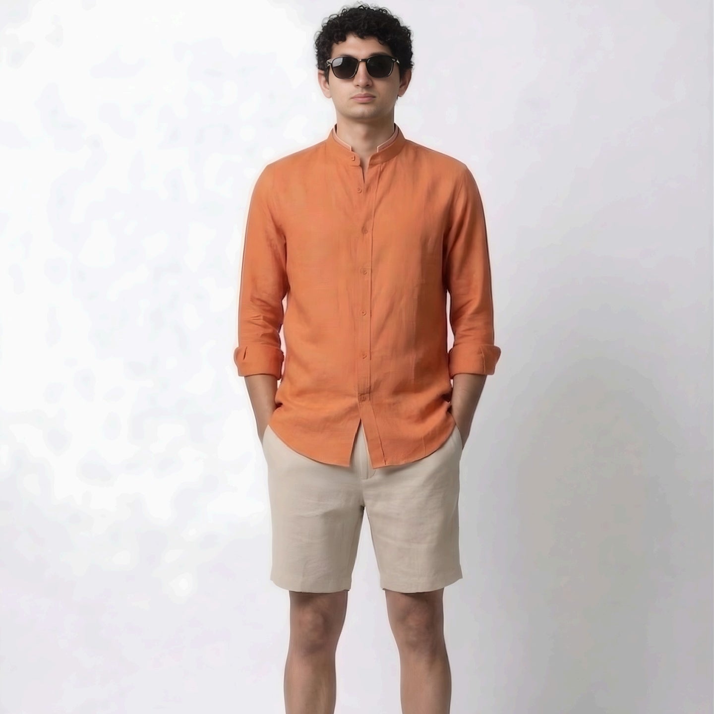 Coral Double Mandarin Collar Linen Shirt