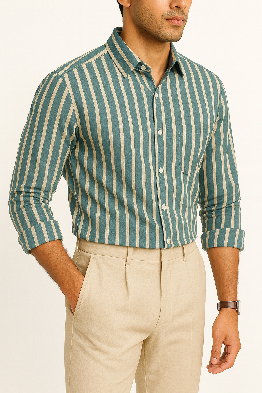 Teal Blue With Cream Strips Cotton Shirt