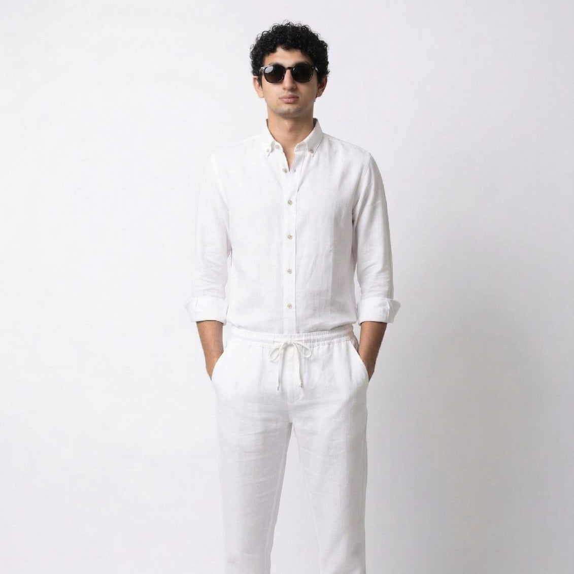 White Button Down Collar Linen Shirt