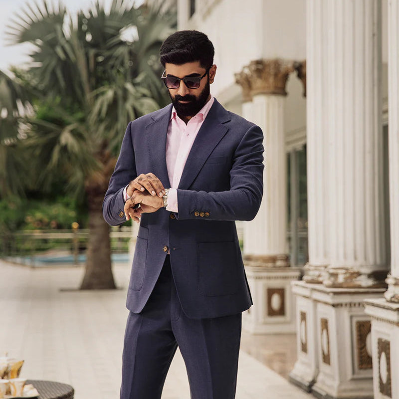 Indigo Crest Navy Blue Double Button Linen Blazer