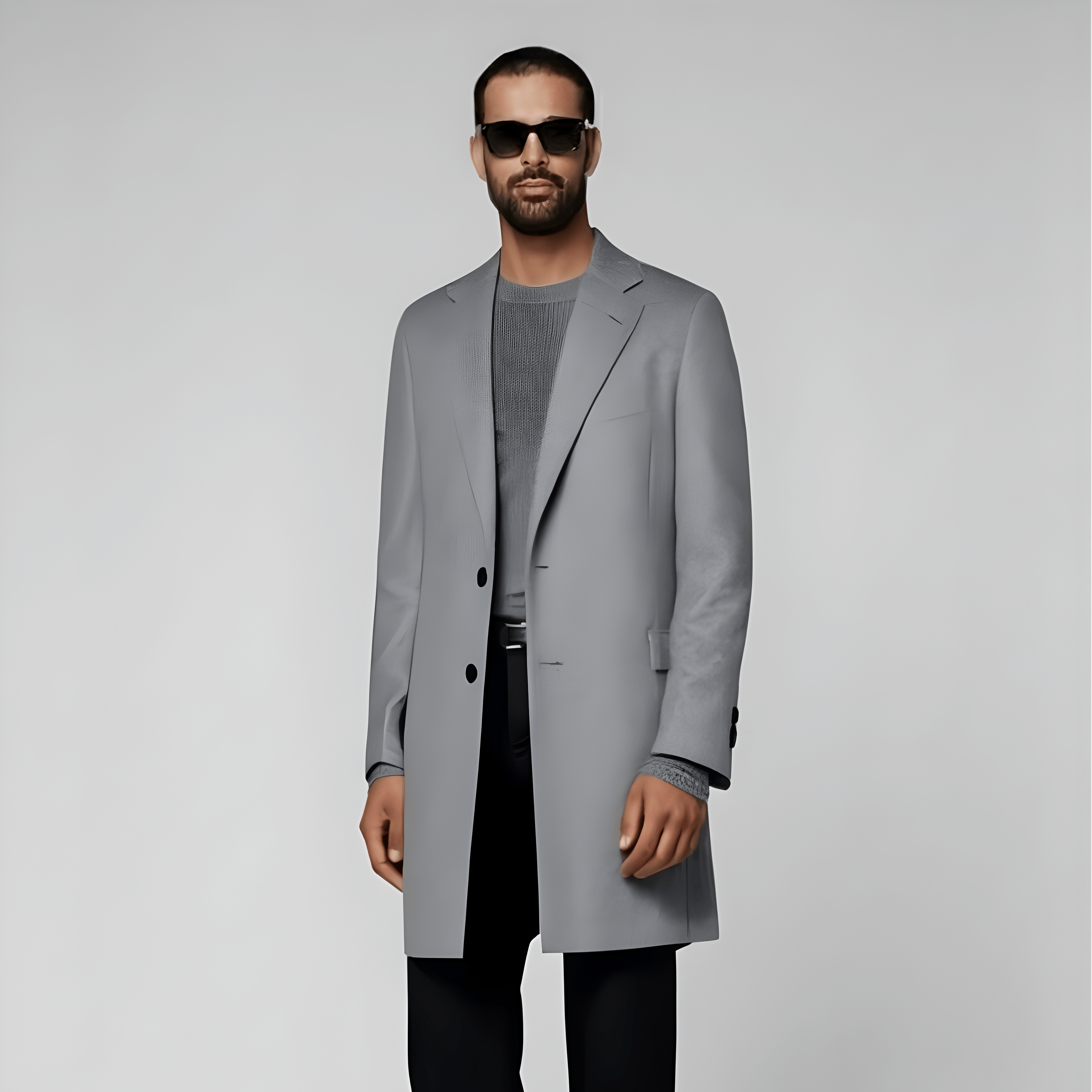 Man wearing a gray overcoat, black pants, and sunglasses on a light gray background
