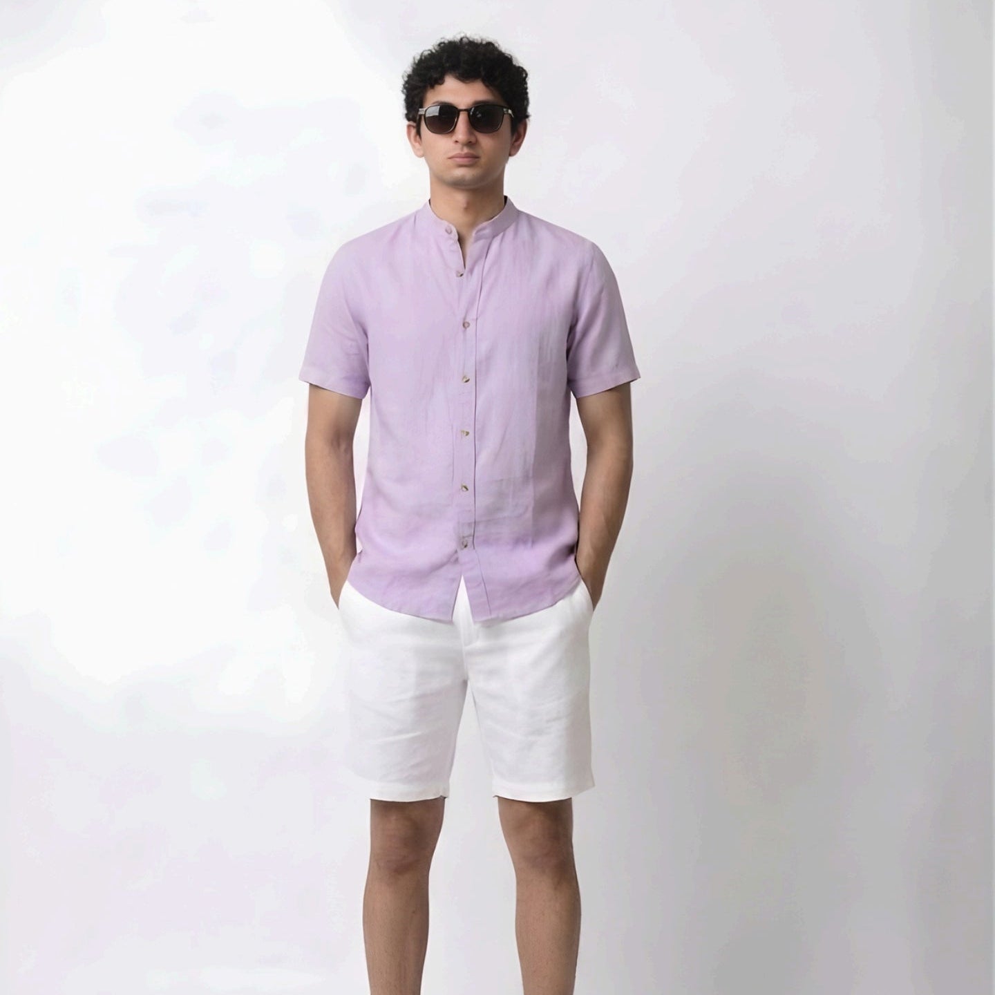 Lilac Linen Mandarin Collar Shirt