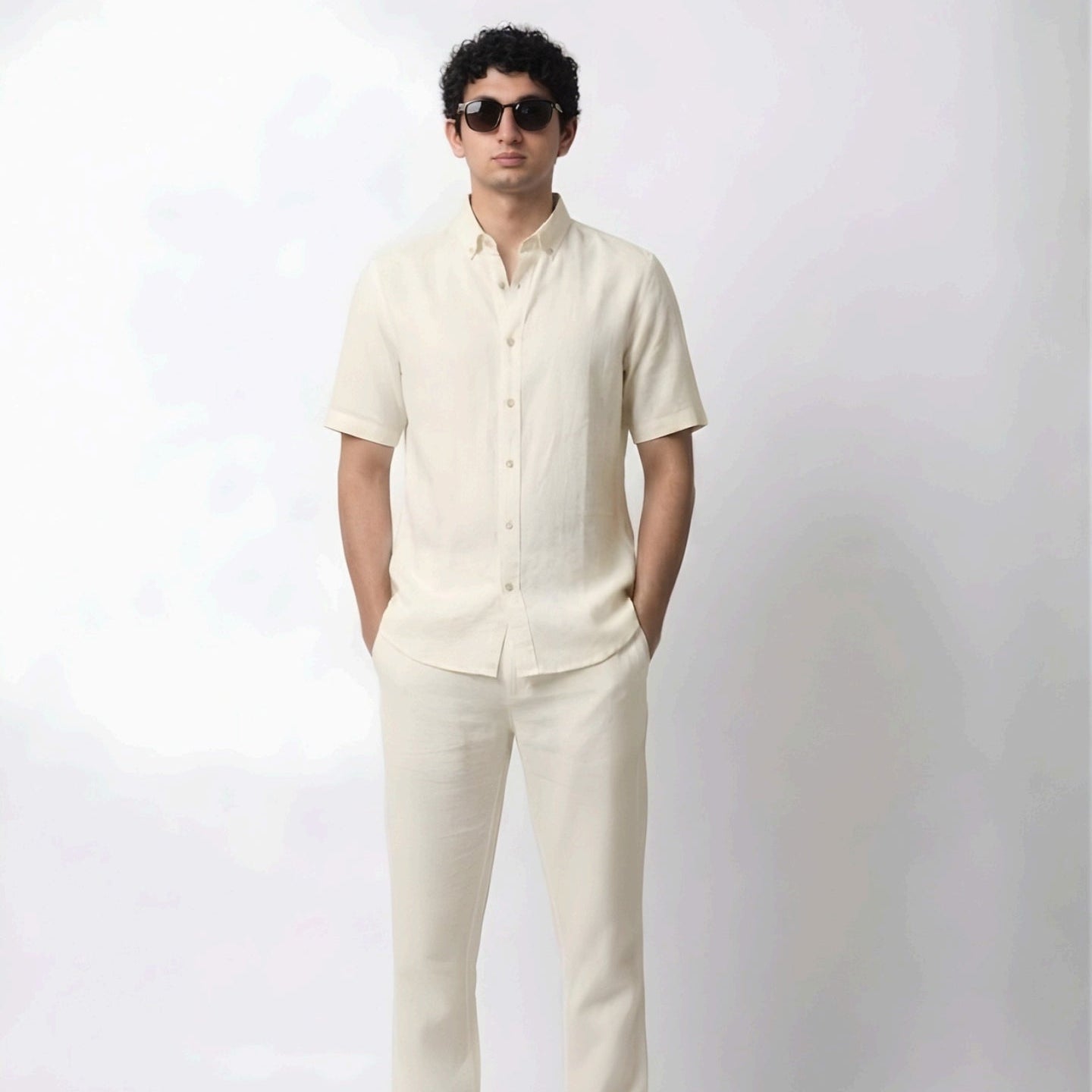 Cream Linen Mandarin Collar Shirt