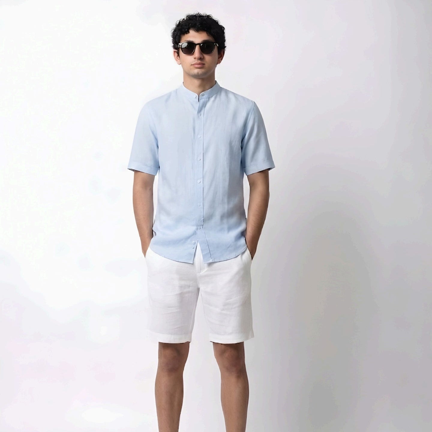 Light Blue Mandarin Collar Linen Shirt