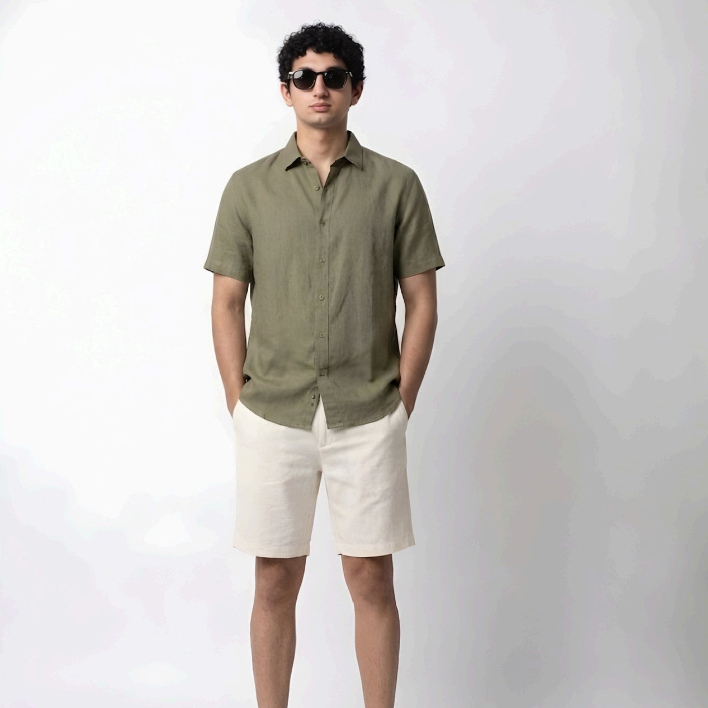 Olive Linen Widespread Collar Shirt