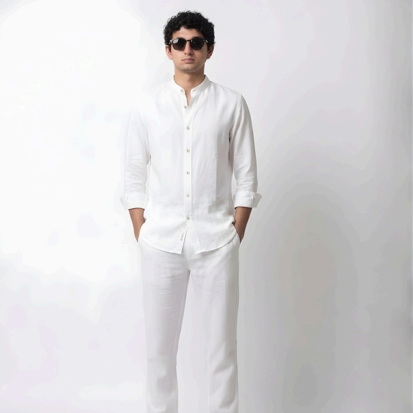 White Linen Mandarin Collar Shirt