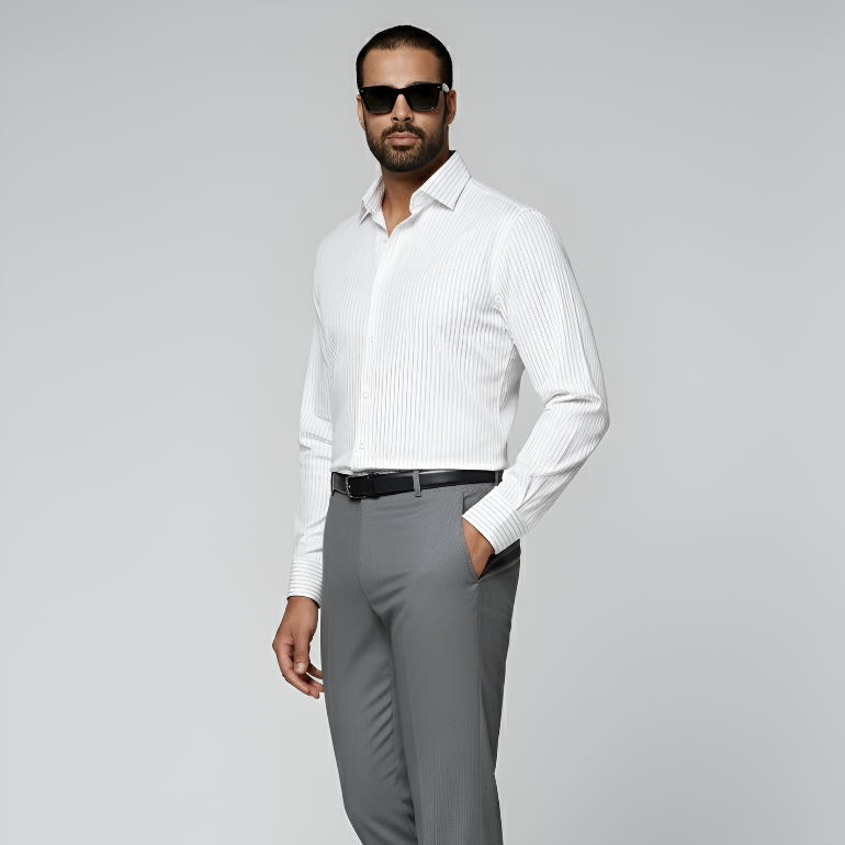 Grey Striped Widespread Collar Shirt