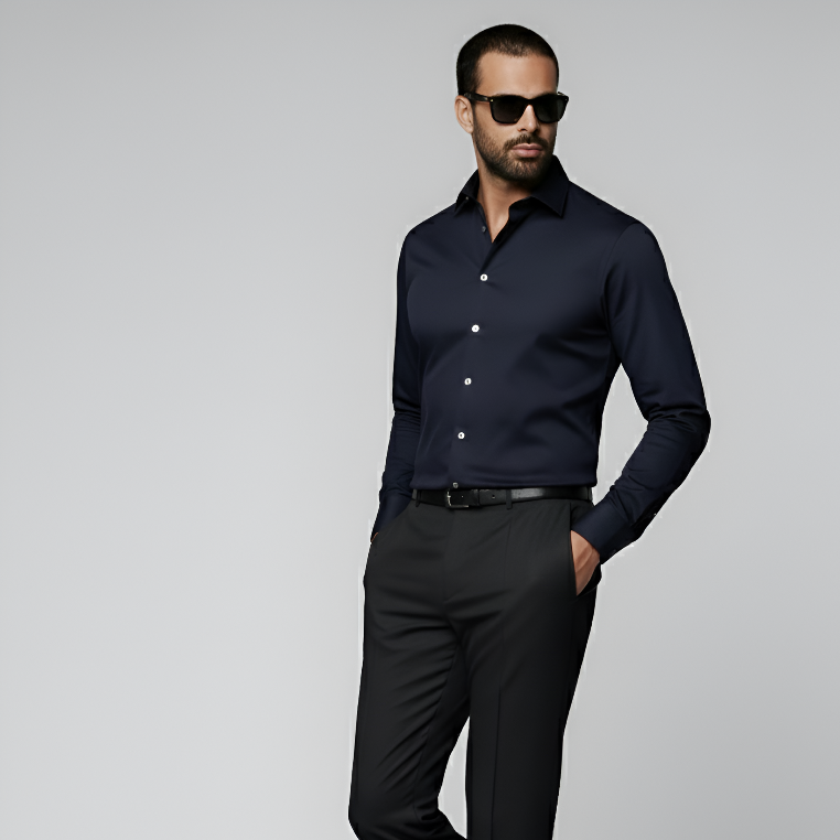 Navy Striped Widespread Collar Shirt