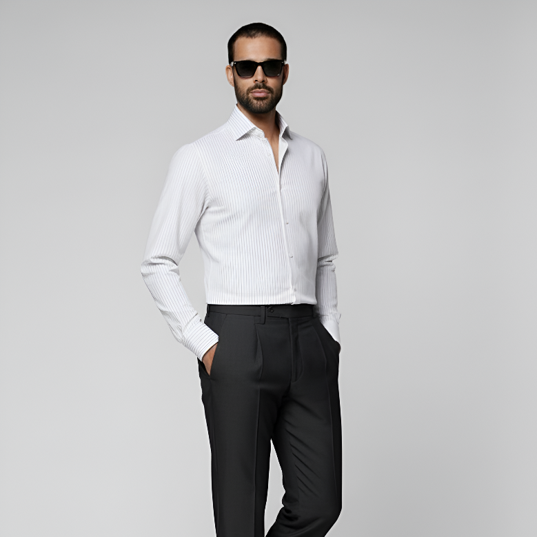 Light Grey Striped Widespread Collar Shirt