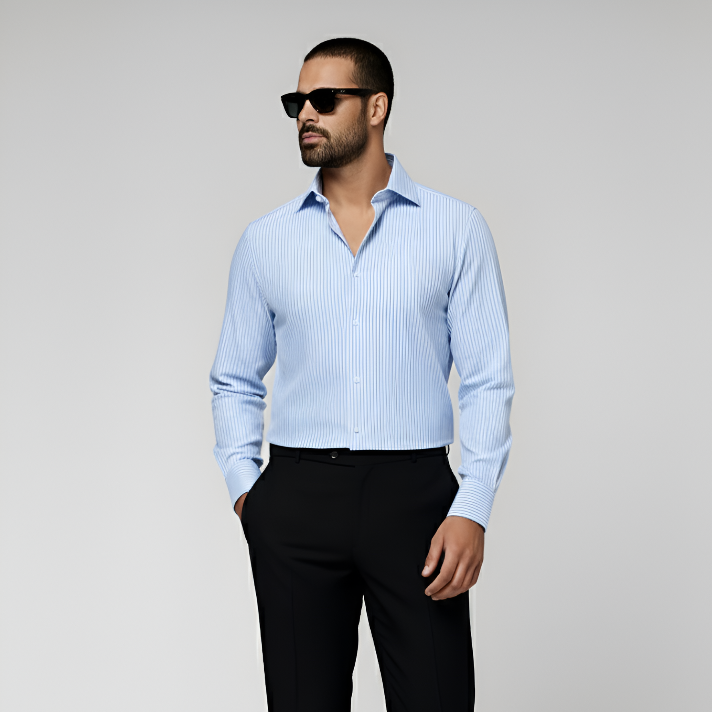 Light Blue Striped Widespread Collar Shirt