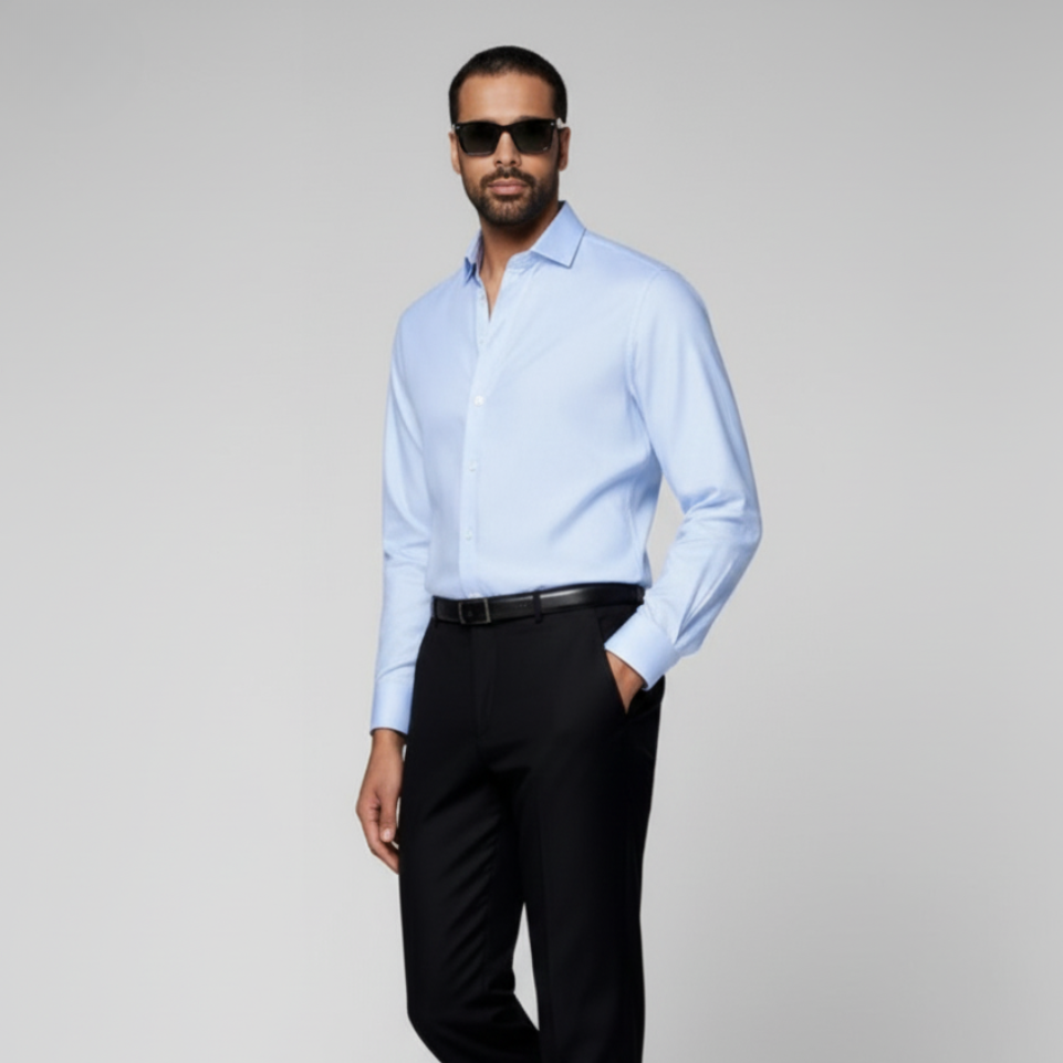 Light Blue Houndstooth Widespread Collar Shirt