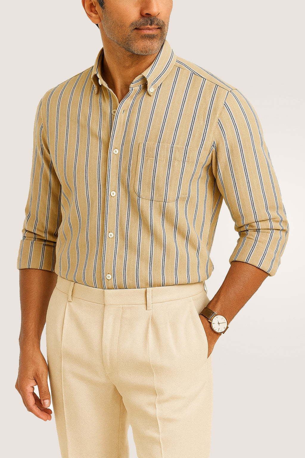 Warm Beige With Navy and White Strips Cotton Shirt