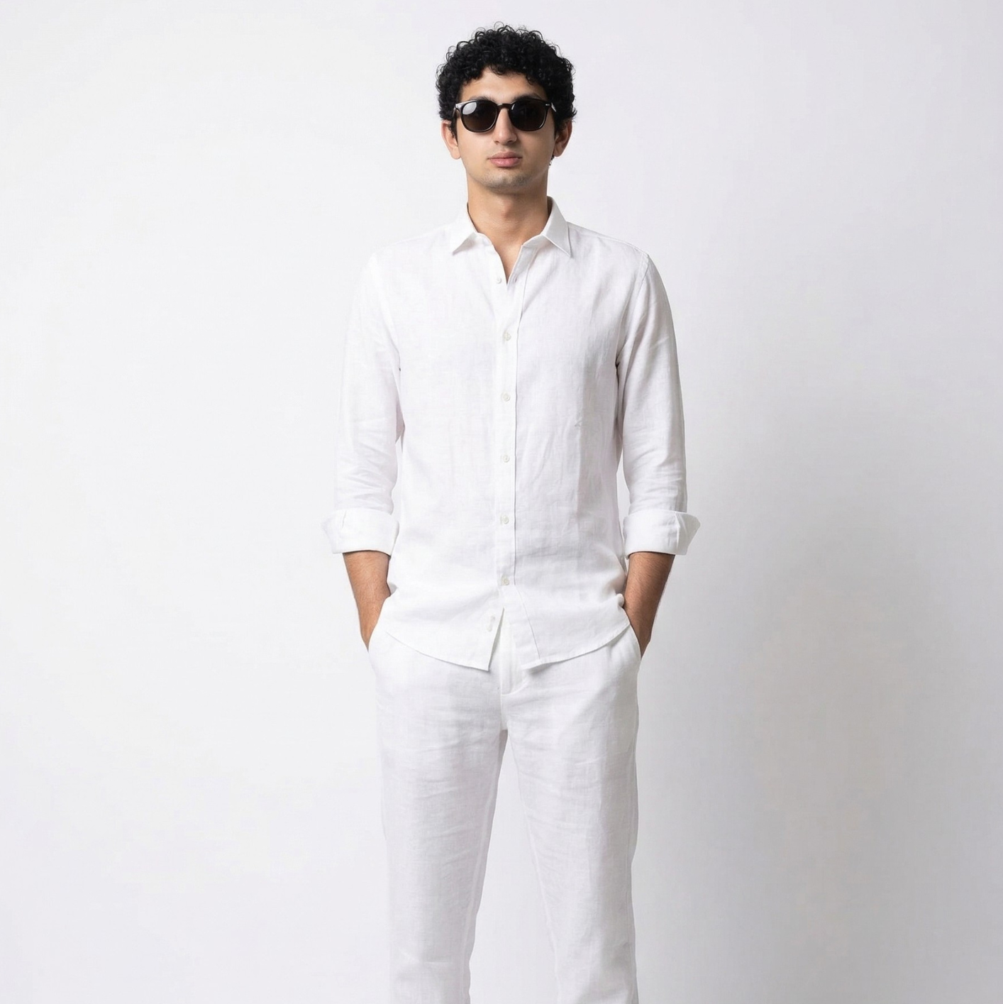 White Spread Collar Linen Shirt