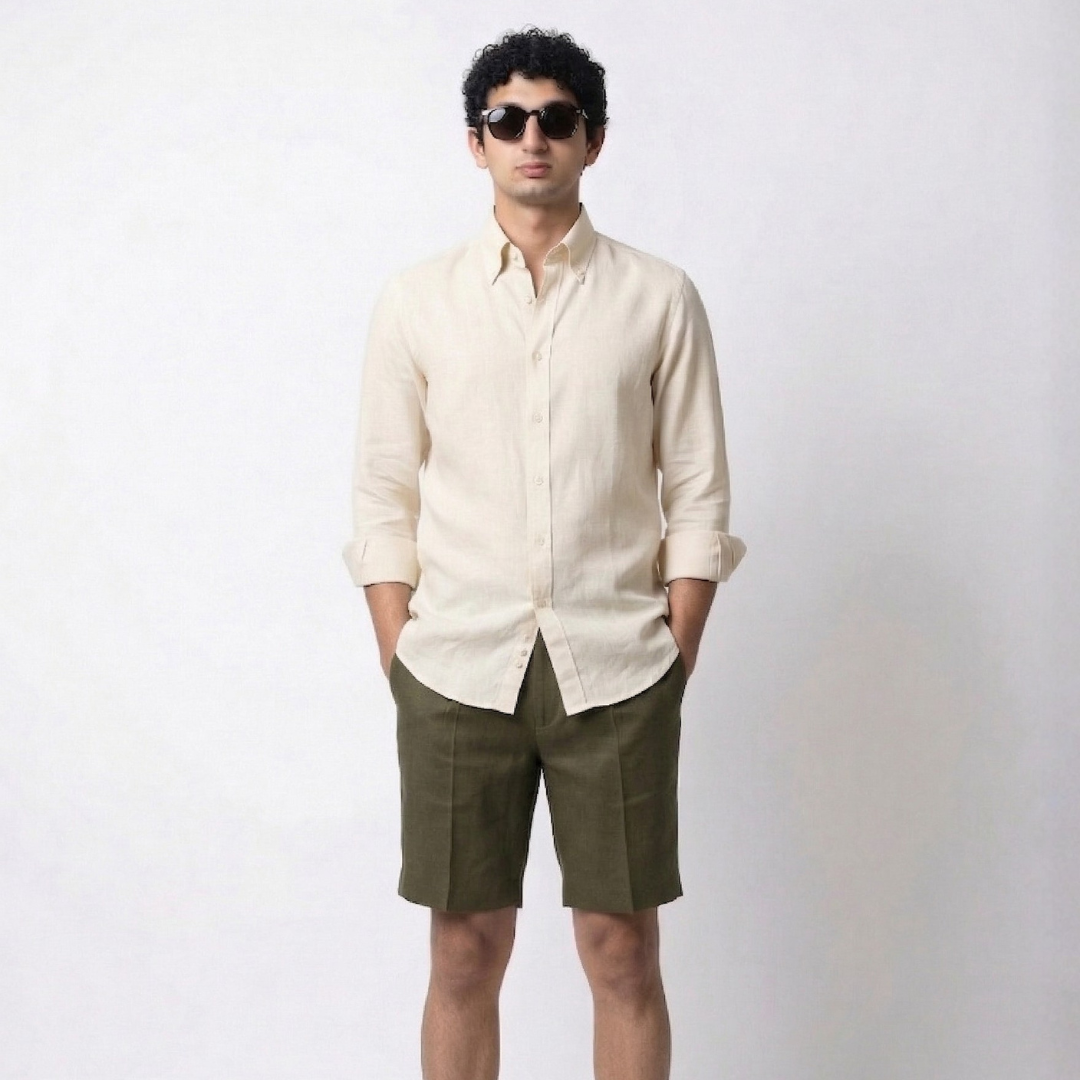 Cream Shirt Long Button Down Collar